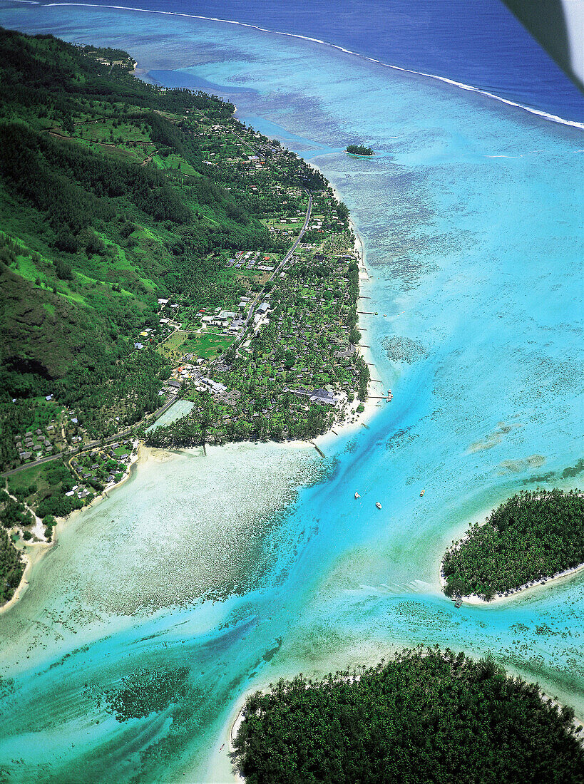 Aerial of Haapiti lagoon and islets. Moorea island. Windward Islands. French Polynesia
