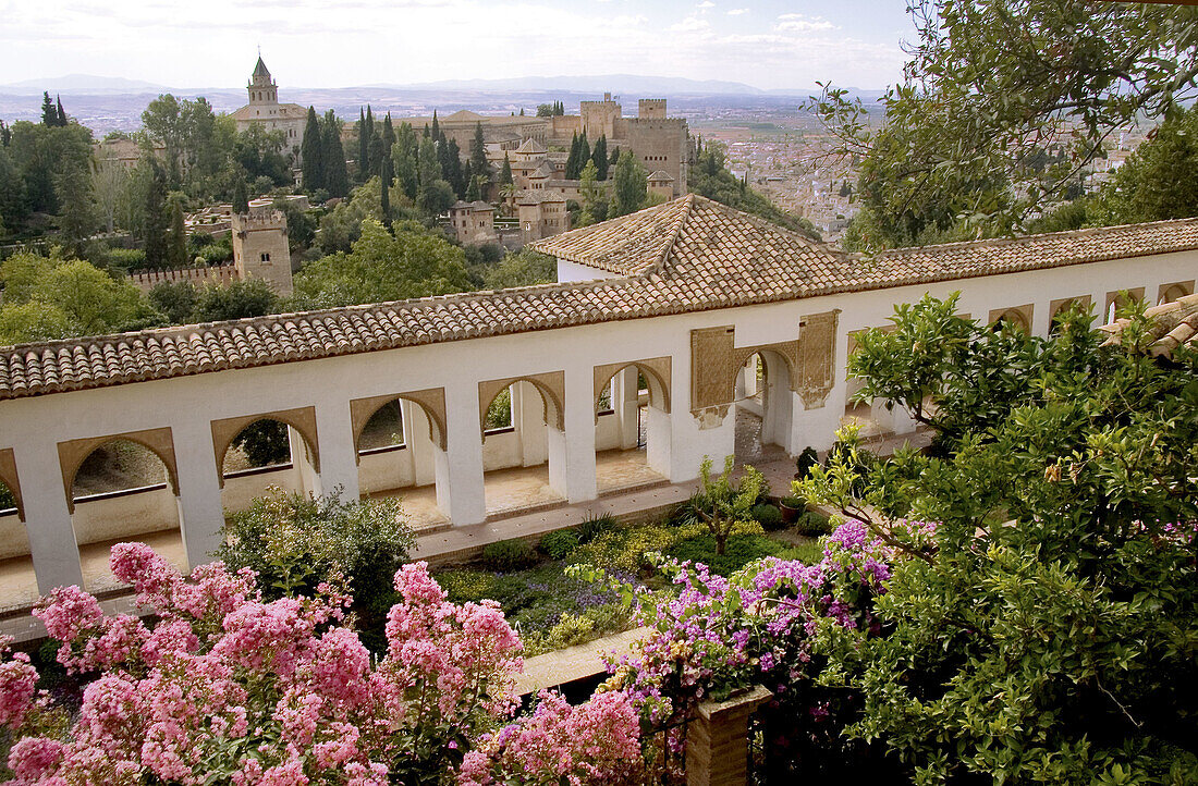 Patio de la Acequia of the Generalife, and back the Alhambra at Granada. Spain.