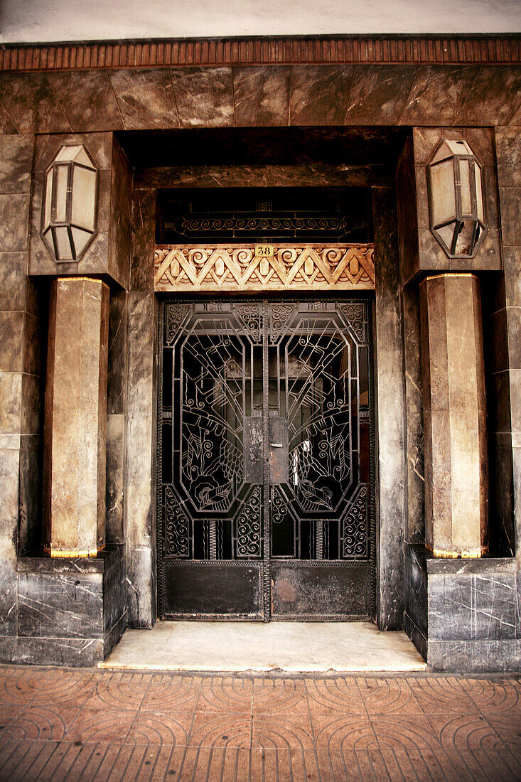 Art deco nouveau arabisant door, on Boulevard Mohamed V at Casablanca. Morocco.