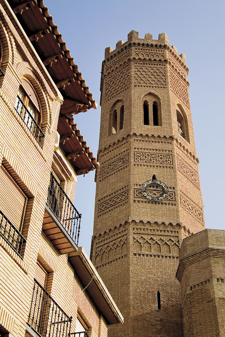 Mudejar style tower of Santa Maria church (12th-13th century), Tauste. Cinco Villas, Zaragoza province, Aragón, Spain