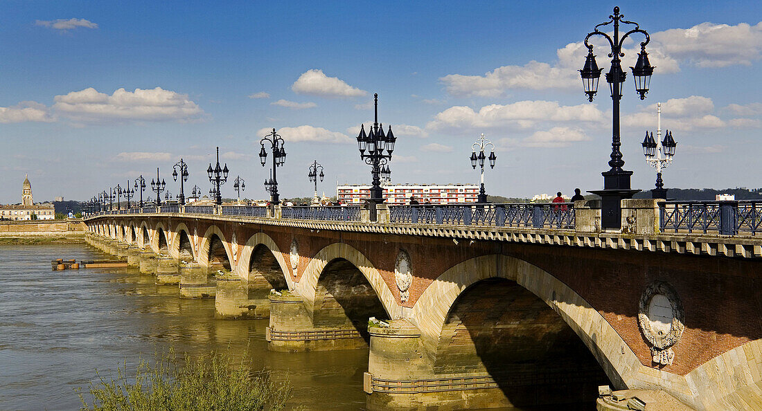 Pont de pierre bridge over the Garonne river at Bordeaux. Gironde. Aquitaine. France.