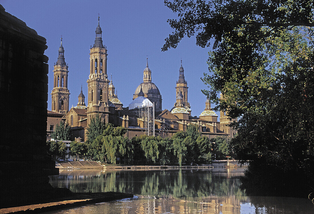 The Ebro river and the Basilic of the Pilar at Zaragoza. Spain.