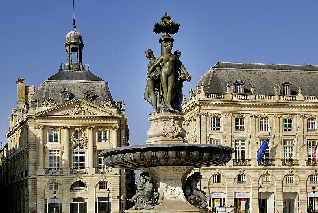 Trois Graces statue, at Place de la Bourse, at Bordeaux. Gironde. France.