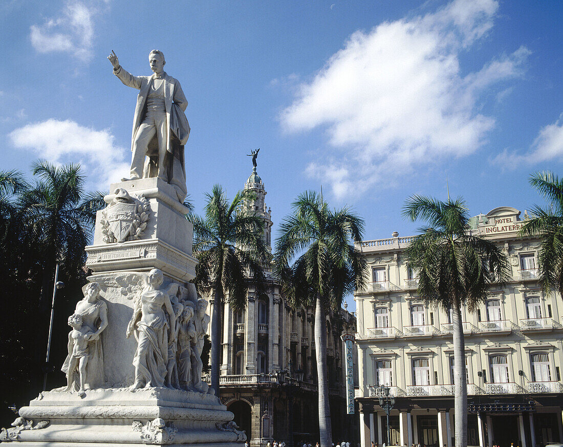 Jose Marti Monument, (1853 - 1895). Hotel Inglaterra (right) and Gran Teatro de la Havana (left). Havana, Cuba.