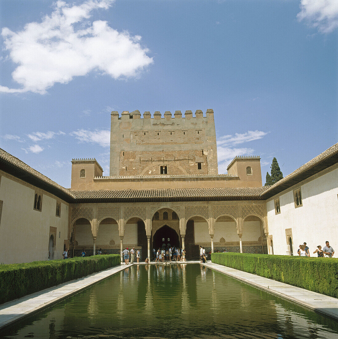 Patio de los Arrayanes (Court of the Myrtles) and Torre de Comares, Alhambra. Granada. Andalusia, Spain