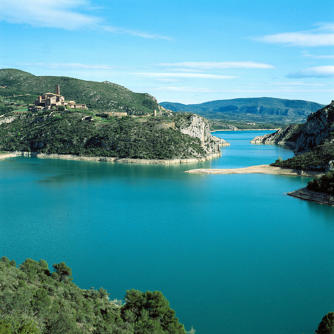Cinca River, El Grado reservoir and sanctuary, Torreciudad. Huesca province. Spain