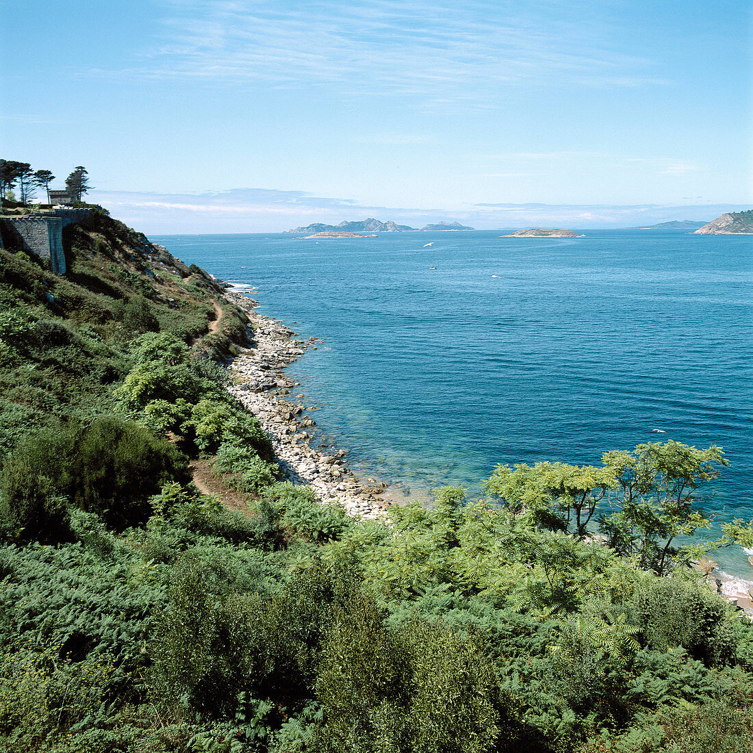 Cíes Islands seen from Monte Real Castle. Bayona, Pontevedra province. Galicia, Spain