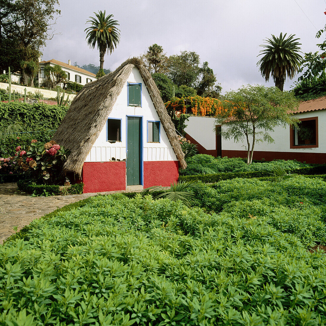 Typical thatched roof house in Funchal Botanical Garden. Madeira Island. Portugal.