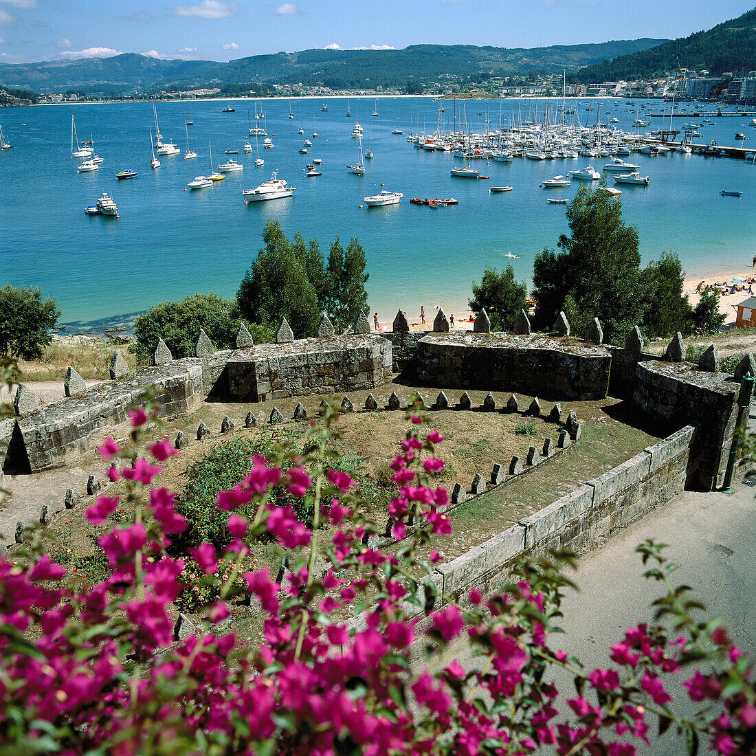 Castillo Monte Real and marina. Bayona, Pontevedra province. Galicia, Spain