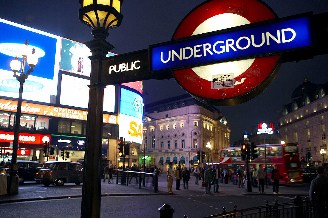 Underground sign in Piccadilly Circus, London. England, UK