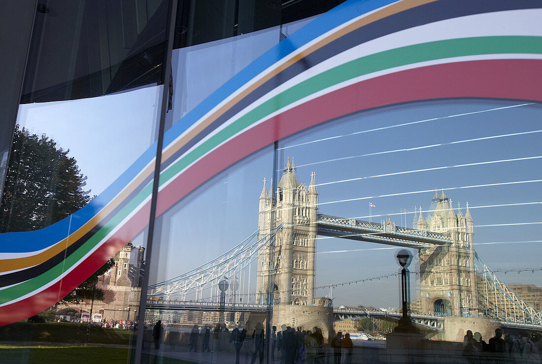 Tower Bridge reflected on City Hall wall, London. England, UK