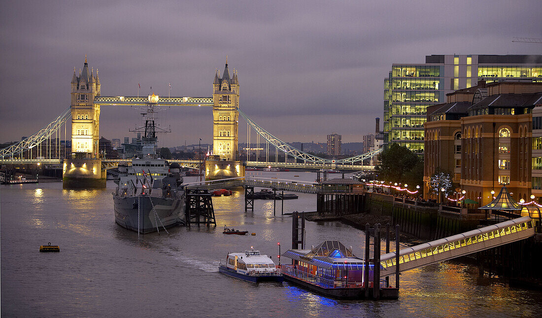 London Bridge City Pier, HMS Belfast, Southwark, Tower Bridge, Thames River, London. England, UK