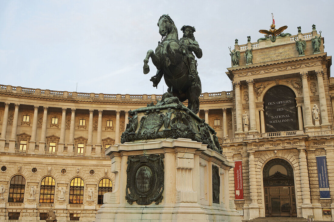 Statue of Prince Eugene of Savoy in front of Hofburg Imperial Palace seen from Heldenplatz, Vienna. Austria