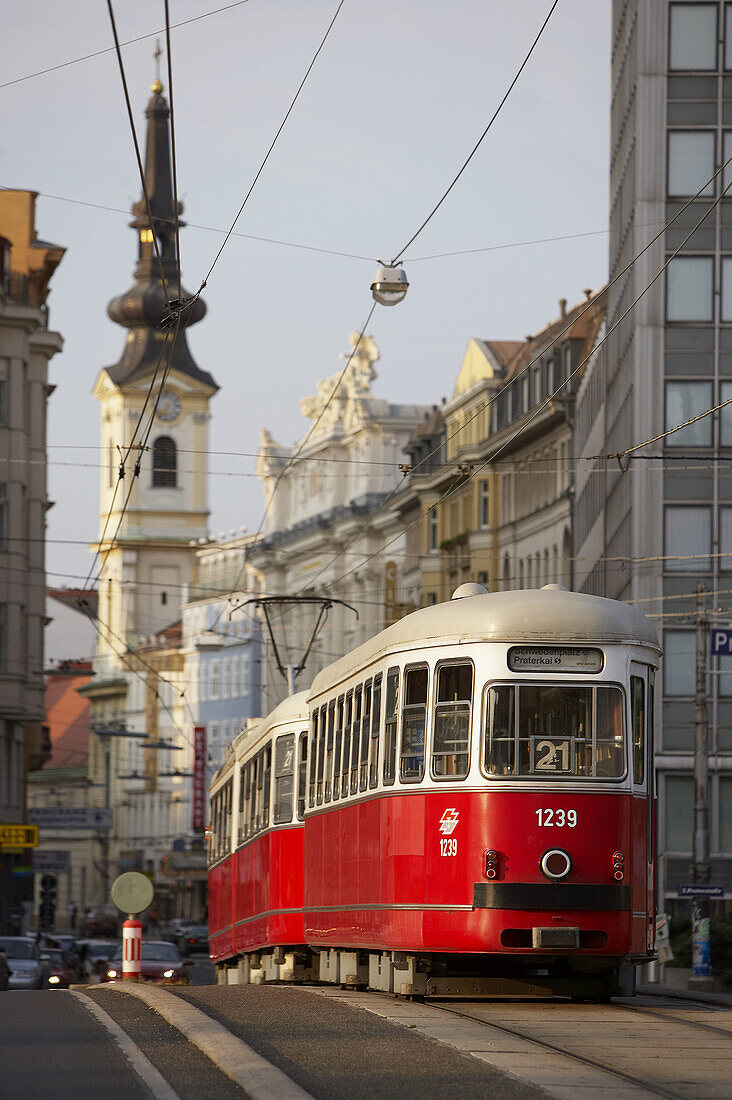 Straßenbahn in der Taborstraße, Schwedenbrücke, Turm der Barmherzigen Brüder im Hintergrund, Wien. Österreich