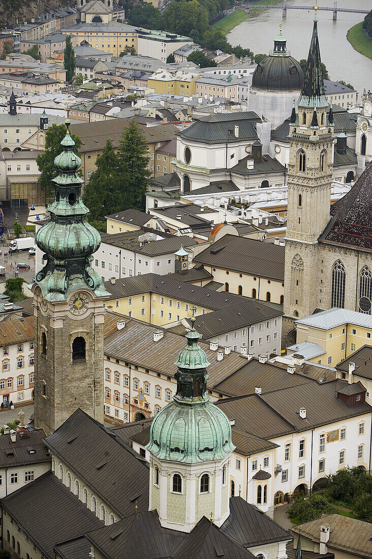 Abbey of St. Peter (Erzabtei St Peter) and Franziskanerkirche (St. Francis Church) seen from Hohensalzburg, Salzburg. Austria
