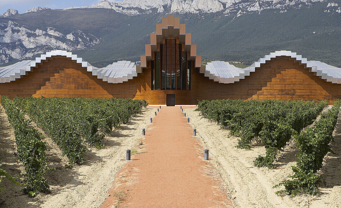 Gebäude der Weinkellerei Ysios, Entwurf von Santiago Calatrava. Laguardia, Rioja Alavesa. Alava, Euskadi, Spanien