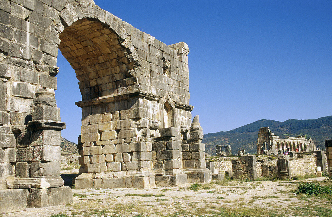 Caracalla Triumph Arch. Roman ruins of Volubilis. Morocco