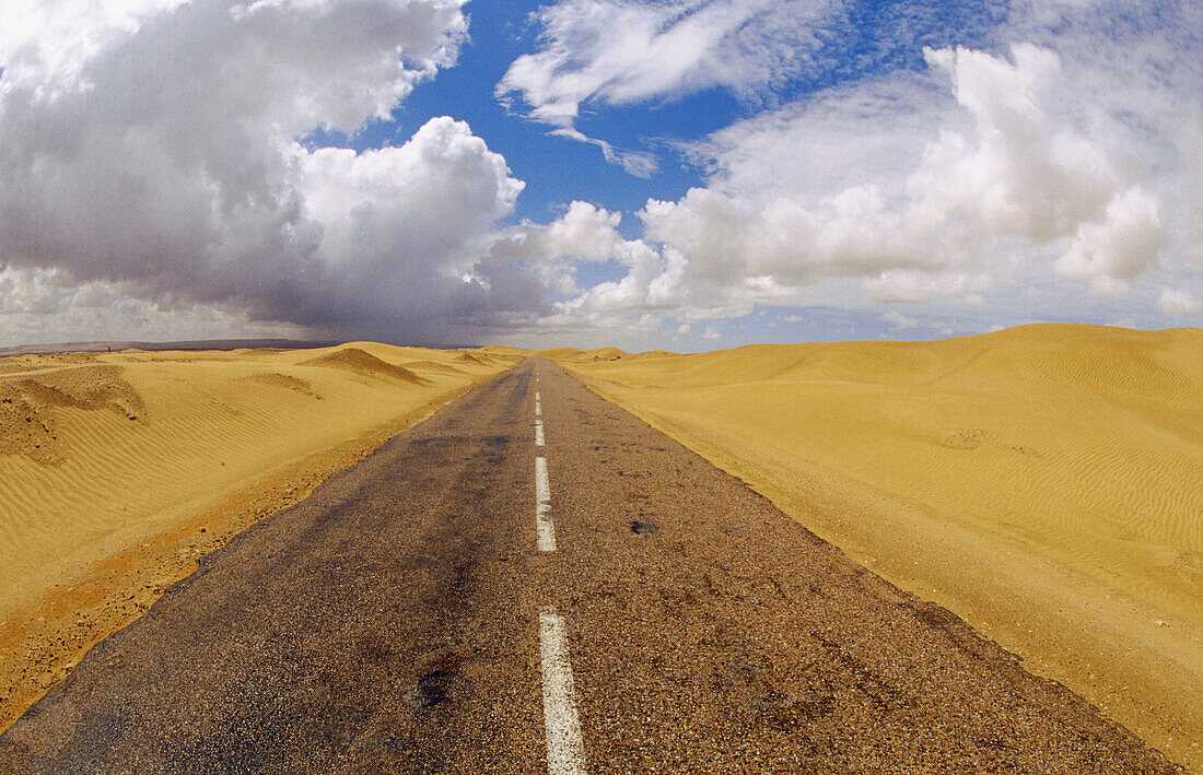 RN1 Highway crossing the desert, near Laayoune. Morocco