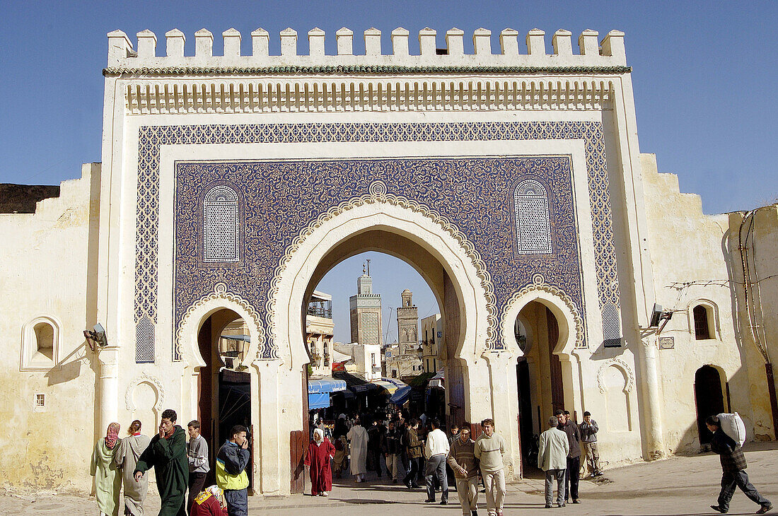 Bab Bou Jeloud, gateway to the Medina (old town). Fes el Bali, Fes. Morocco