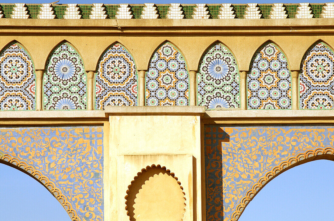 Detail of Bab Bou Jeloud, gateway to the Medina (old town), decorated with ceramic tiles. Fes el Bali, Fes. Morocco