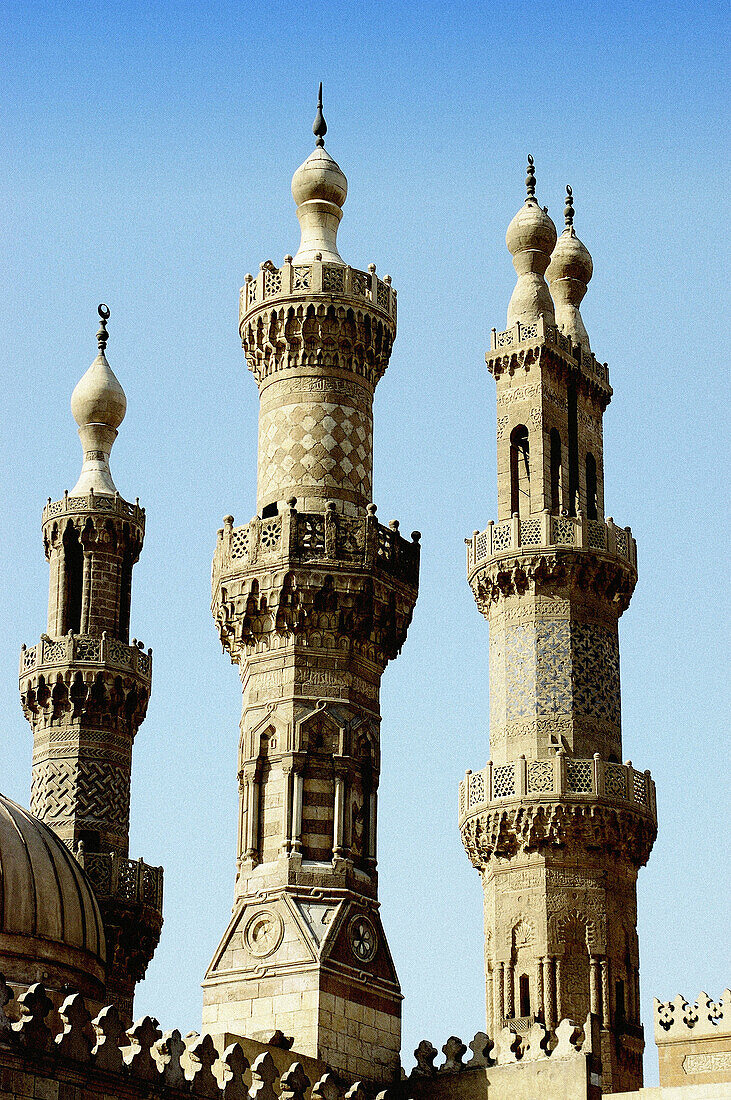 Al-Azhar Mosque, the oldest University in the world (972 AD) minarets. Cairo. Egypt