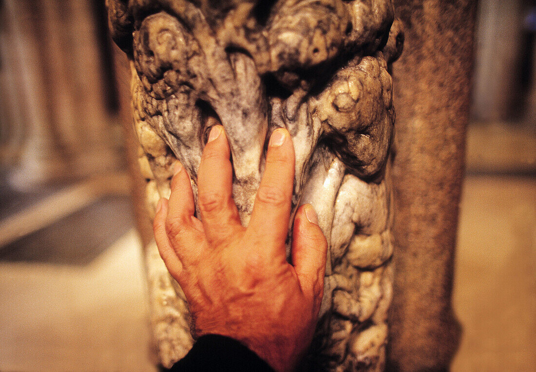 Hand on capital at Pórtico de la Gloria of the cathedral, Santiago de Compostela. La Coruña province. Spain