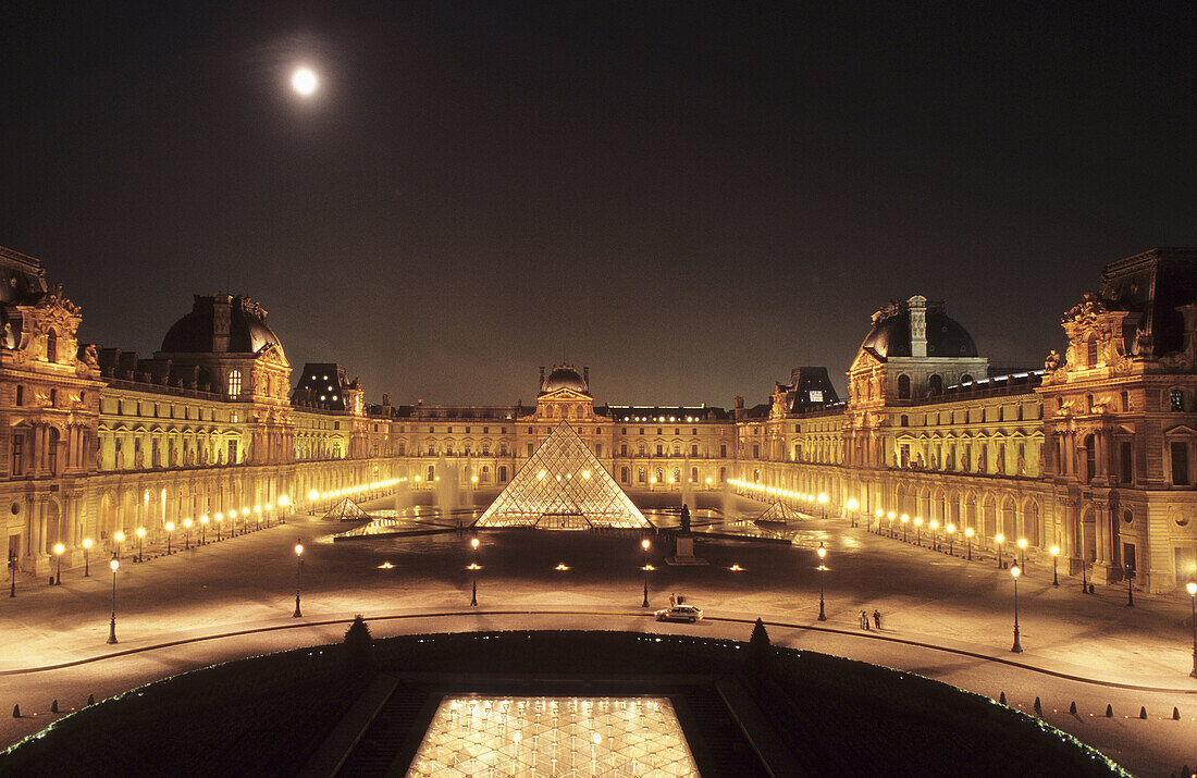 The Louvre, Napoleon court and Glass Pyramid built by IM Pei. Paris. France.