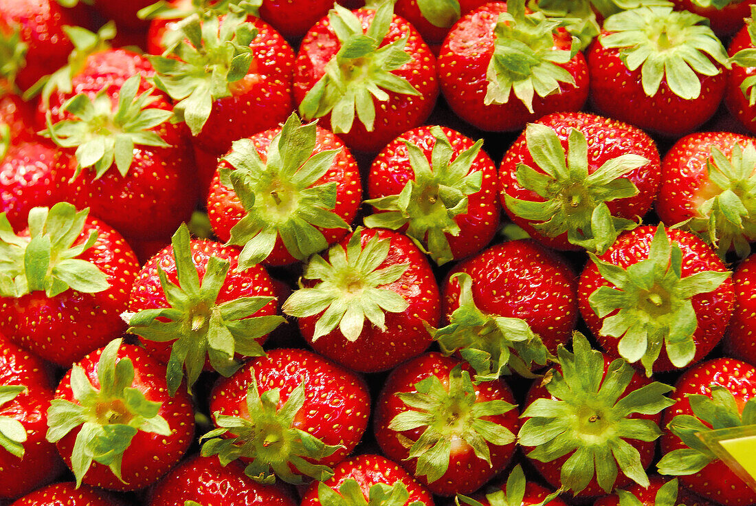 Strawberries at La Boquería market, Barcelona. Catalonia, Spain