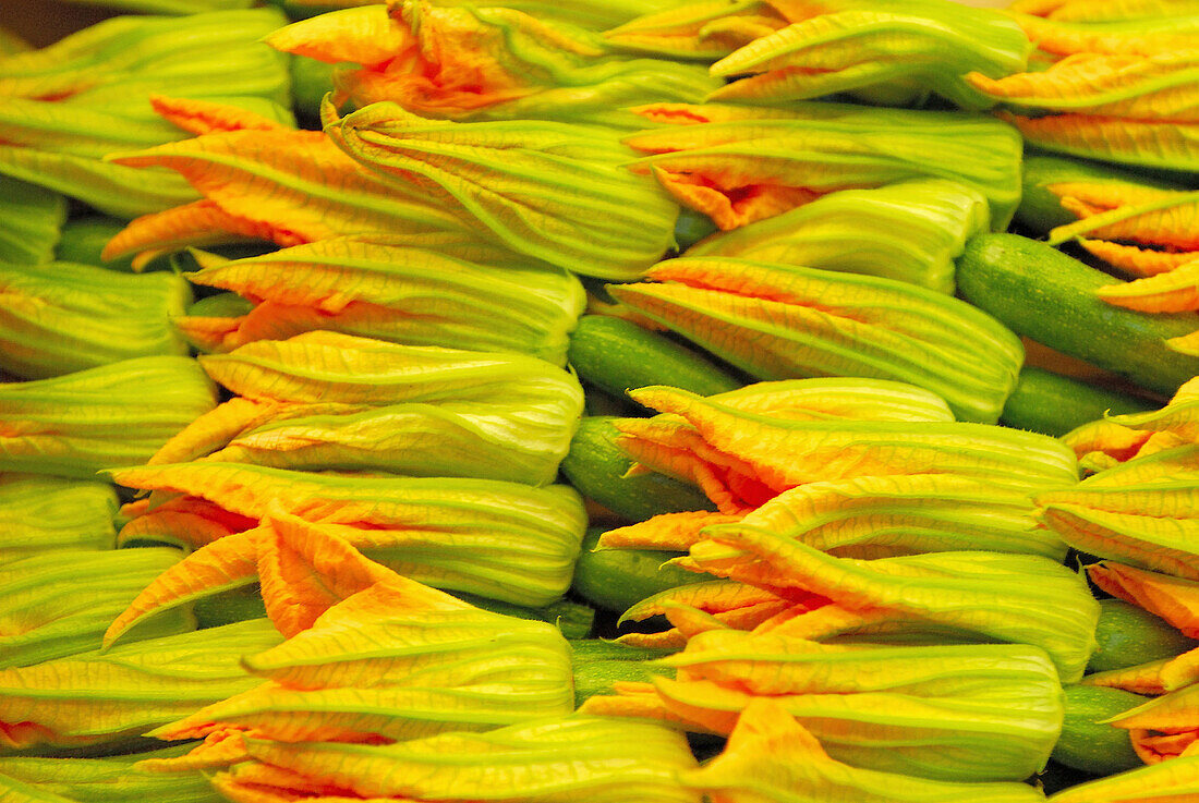 Courgette flowers. Mercado de la Boquería. Barcelona. Spain.