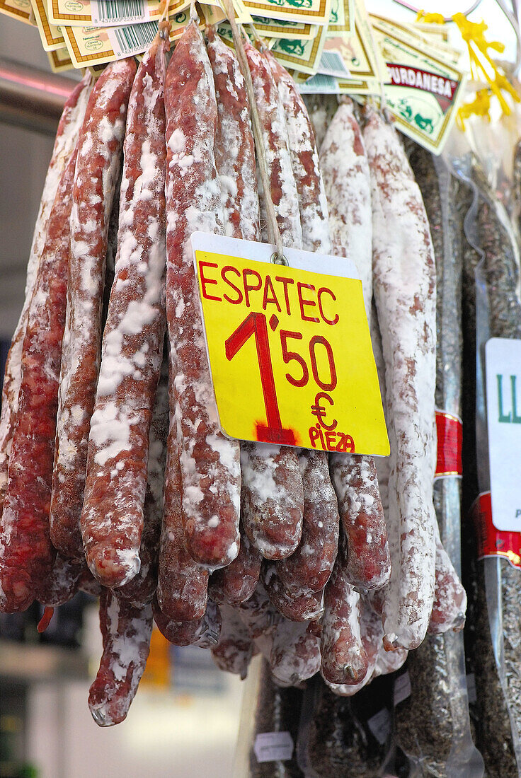 Typical sausage. Boquería market. Barcelona. Spain.
