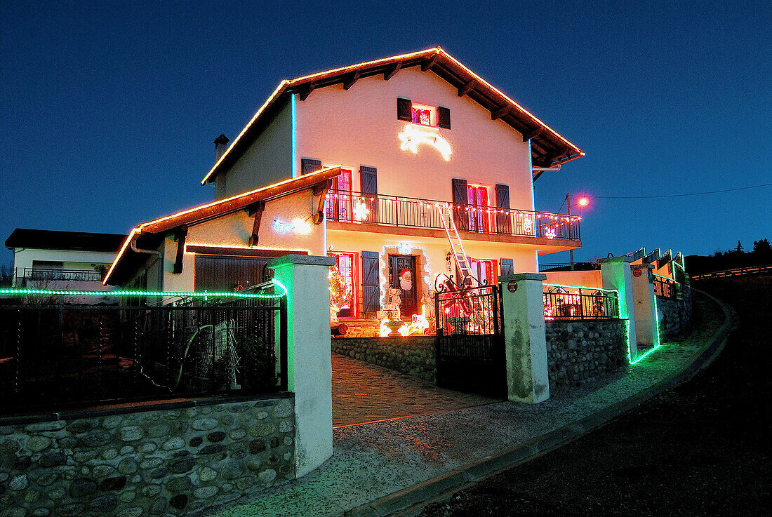 House and Christmas lights, Bourg-Madame. Pyrénées-Orientales, France