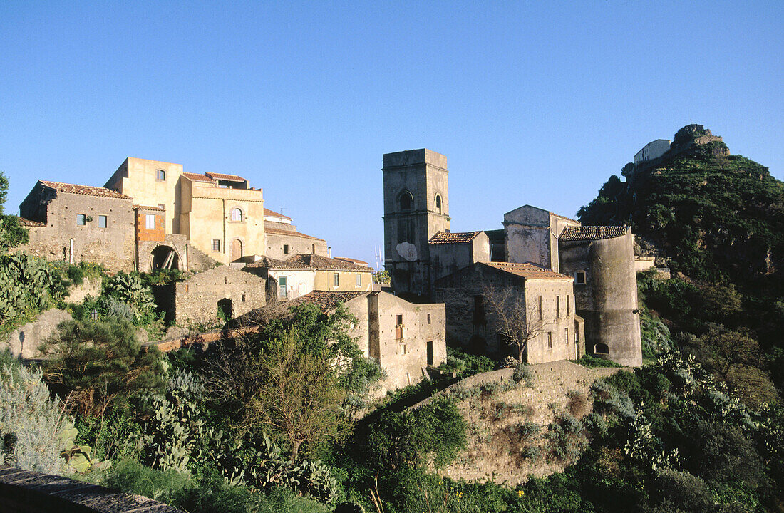 Italy. Sicily. Savoca. Scenic of medieval hill town in mountainous volcanic landscape of the Messina province.