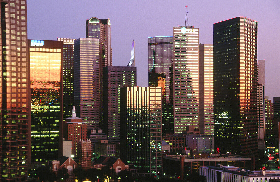 U.S.A. Texas. Dallas. High buildings of the city skyline at dusk.