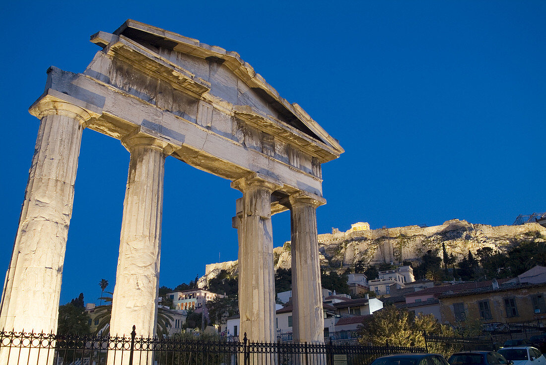 Athens, the Gate of Athena Achegetis at the Roman Agora at twilight, the site of the XXVIII Olympic Games.
