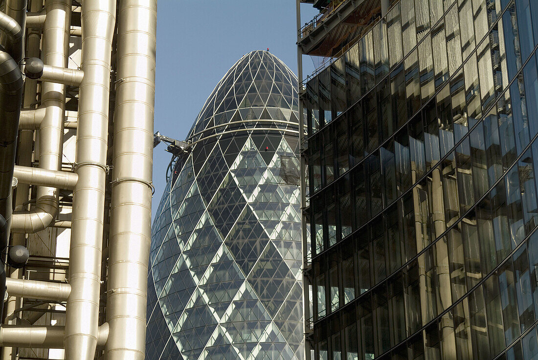 Lloyds Building and the Swiss Re Tower in London. England, UK