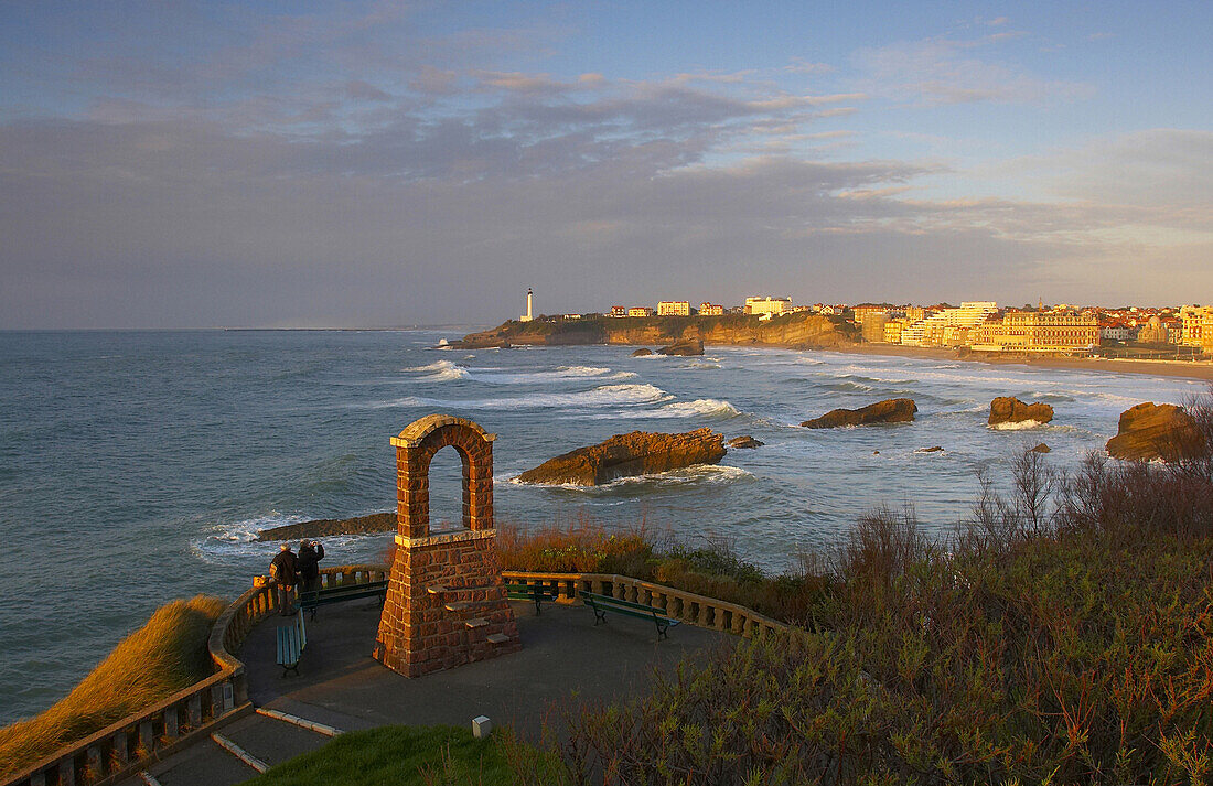 Before sunset in Biarritz, view at Grande Plage, Point St. Martin and the lighthouse 73m, dept Pyrénées-Atlantiques, France