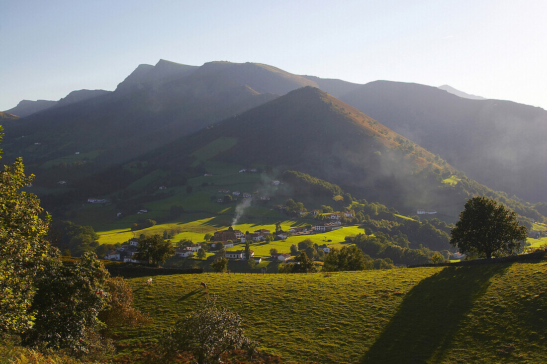 Bidarray in the Pyrenees before sunset, Pays Basque, dept Pyrénées-Atlantiques, France, Europe