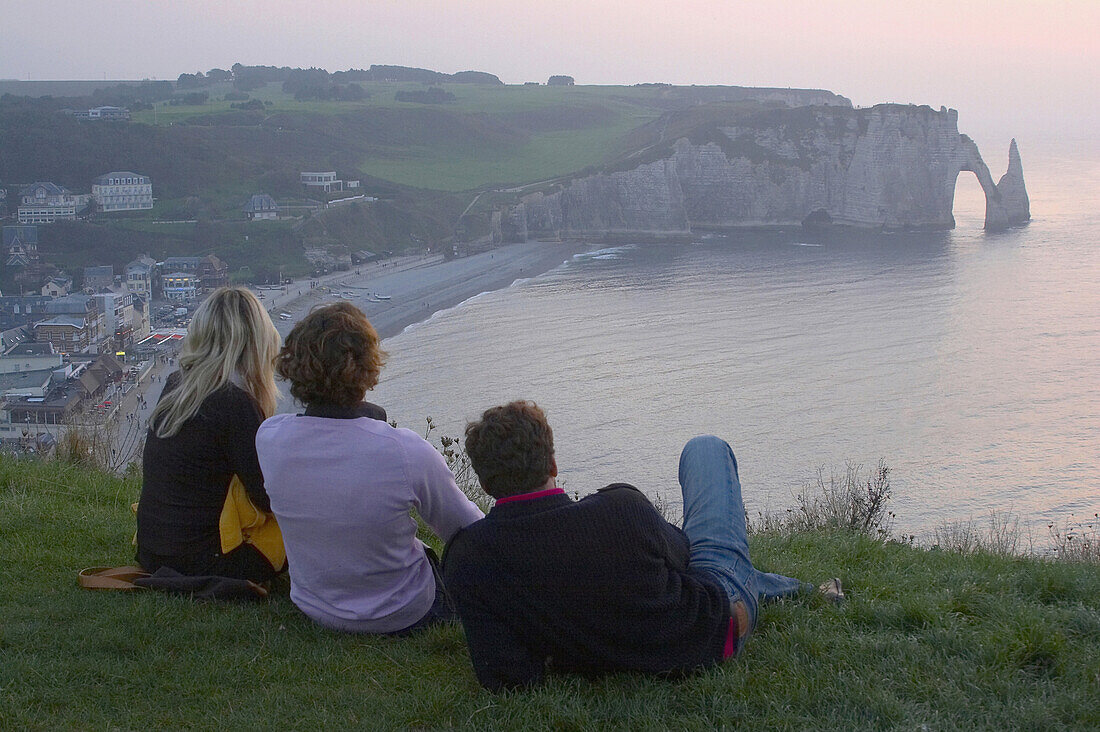 Chalk-cliffs at the coast of Etretat at sunset, dept Seine-Maritime, Normandie, France, Europe