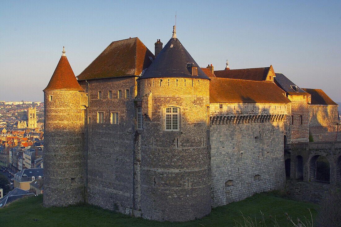 Sunset with castle-museum and cathedral, Dieppe, dept Seine-Maritime, Normandie, France, Europe