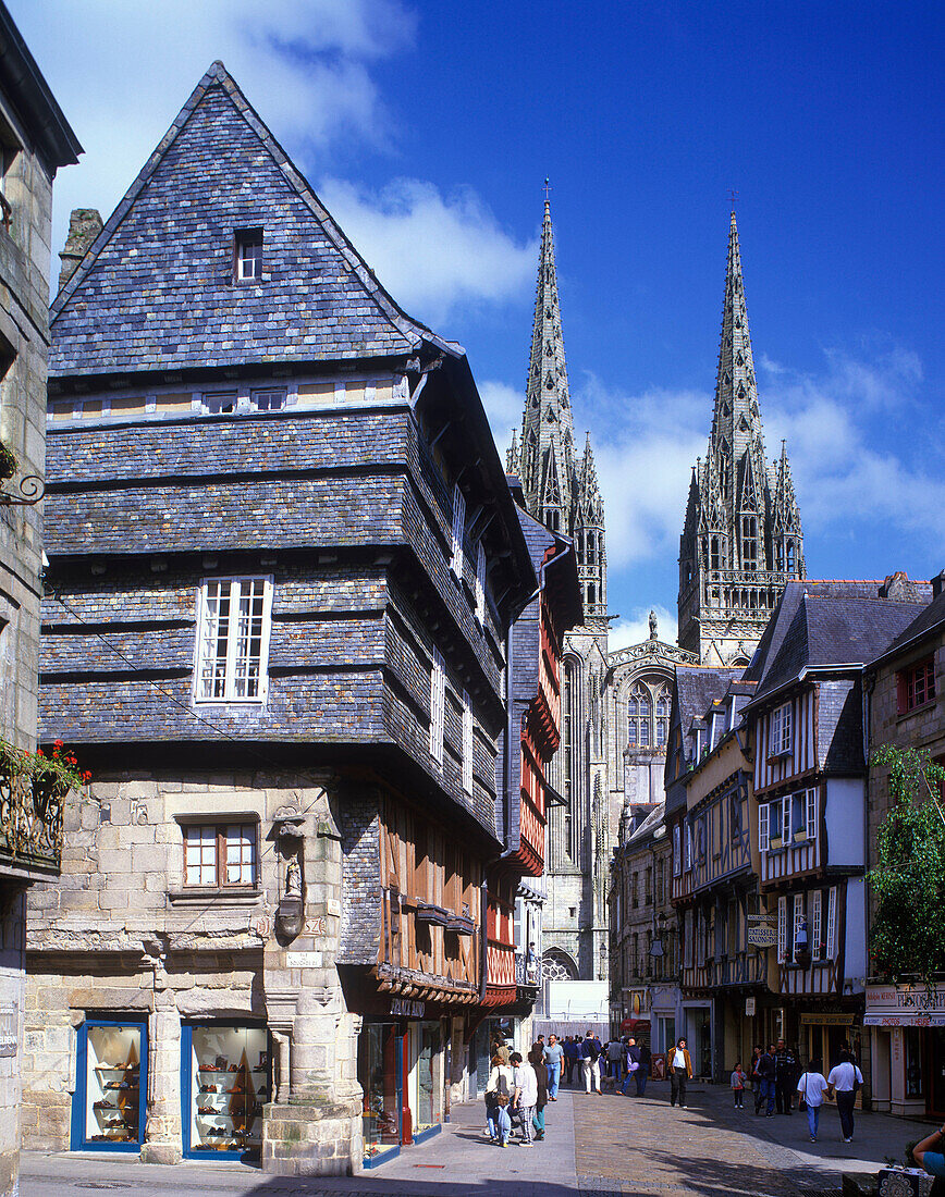 Shops, Street scene, Cathedral, Rue kereon, quimper, Brittany, France.