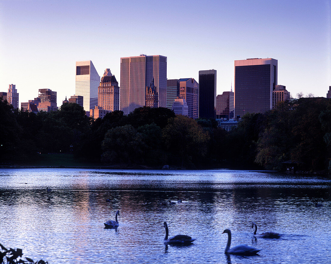 Mid-town skyline & lake, Central park, Manhattan, New York, USA.