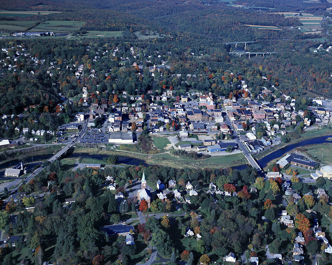 Scenic aerial: fall foliage, Historic brookville, Western pennsylvania, USA