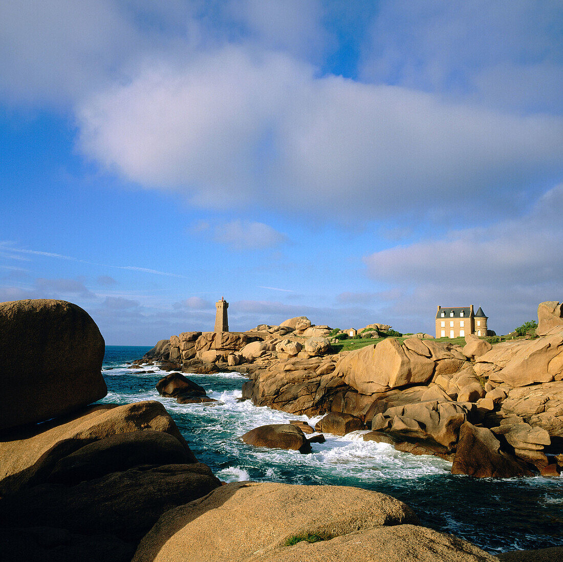 Ploumanach rocks and Pors Kamor lighthouse. Bretagne. France