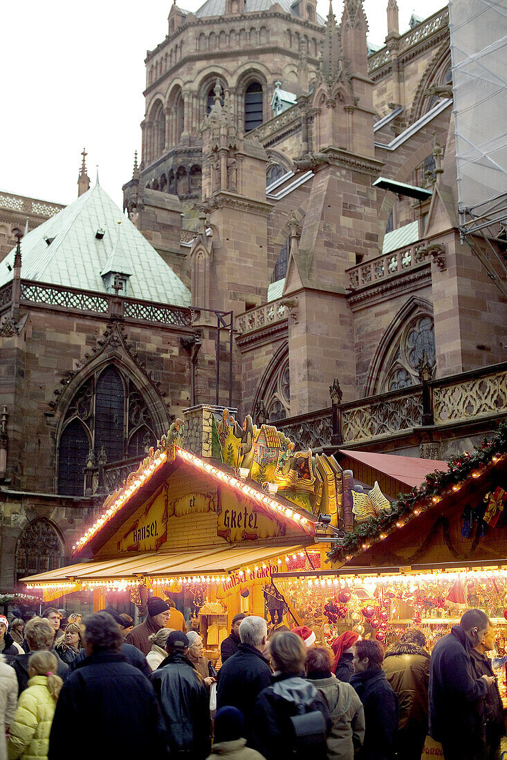 Christmas market in front of the cathedral. Strasbourg, Alsace. France