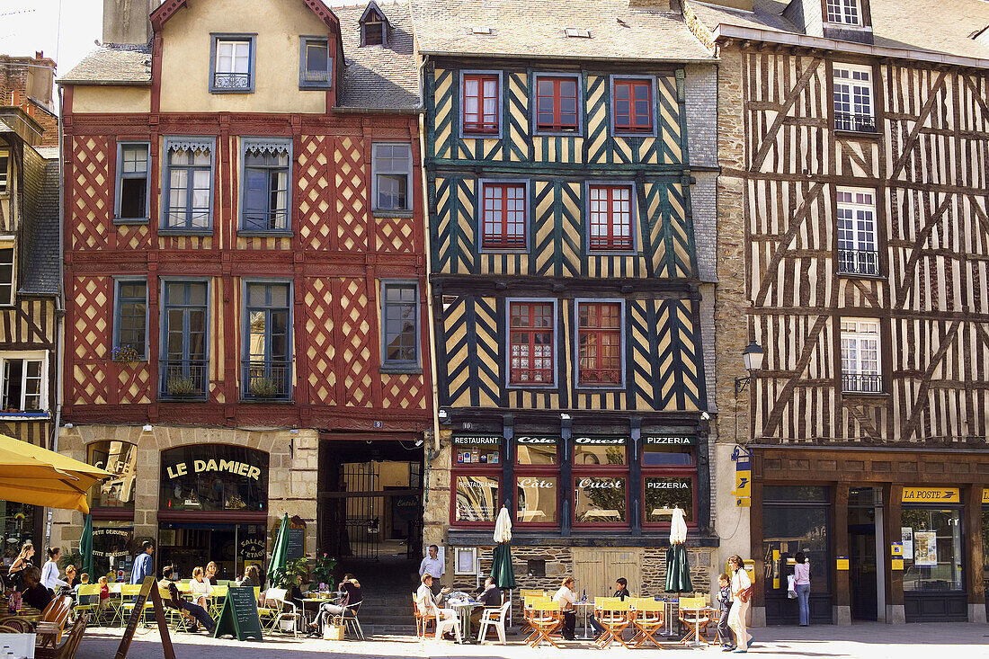 Restaurant terraces and half-timbered houses at Saint-Anne square, Rennes. Brittany, France