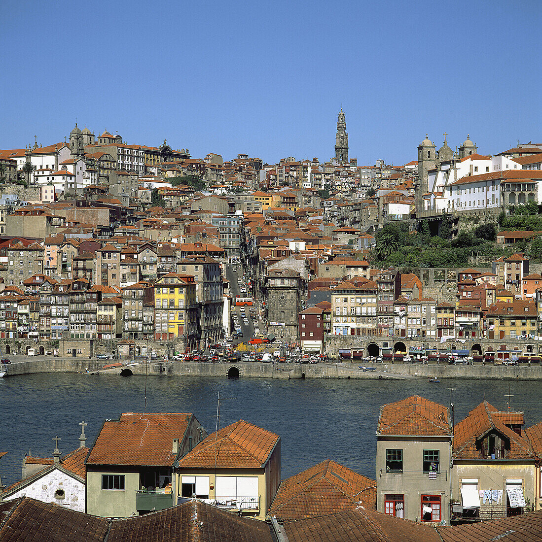 Vila Nova de Gaia and Douro river with Porto town skyline. Portugal.