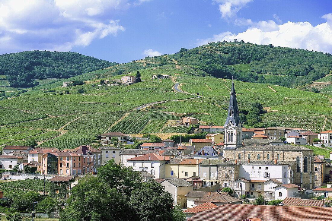 Le Perréon village and vineyards. Beaujolais wine country. Rhone Valley. France.