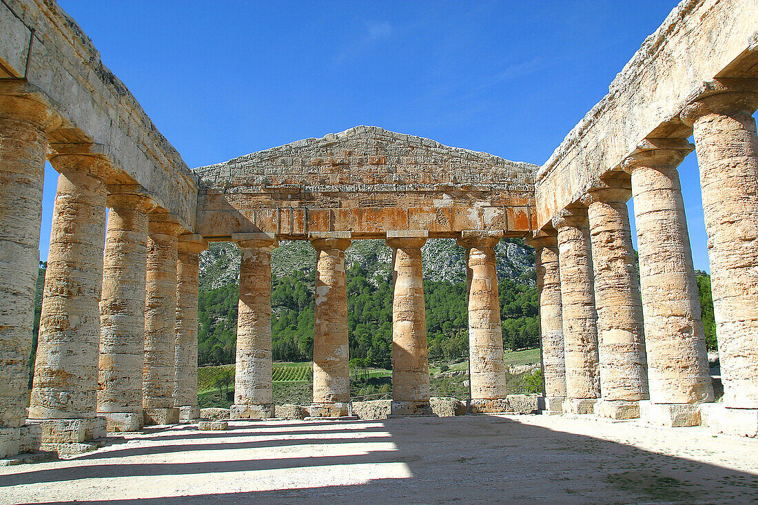 Doric temple, ruins of the ancient Greek city of Egesta (aka Segesta). Sicily. Italy