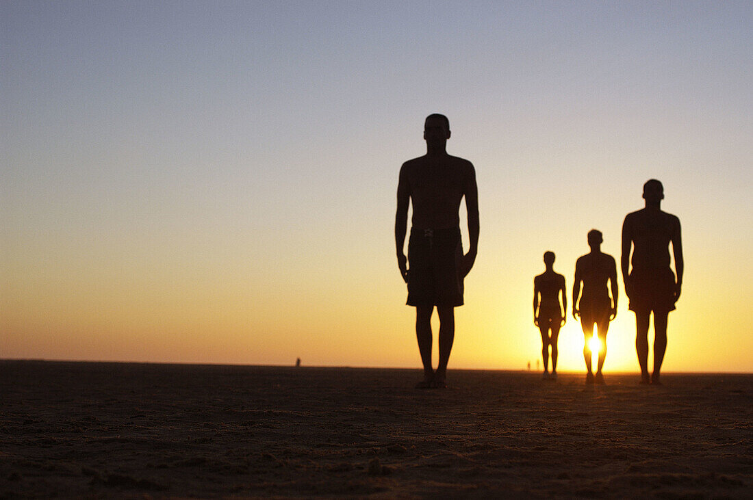  Adult, Adults, Back-light, Backlight, Beach, Beaches, Color, Colour, Contemporary, Daytime, Evolution, Exterior, Figure, Figures, Four, Four persons, Full-body, Full-length, Future, Horizon, Horizons, Horizontal, Human, Humanity, Isolated, Isolation, Mal