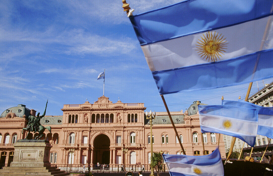 Patriotic souvenirs in front of La Casa Rosada. Plaza de Mayo. Buenos Aires. Argentina.